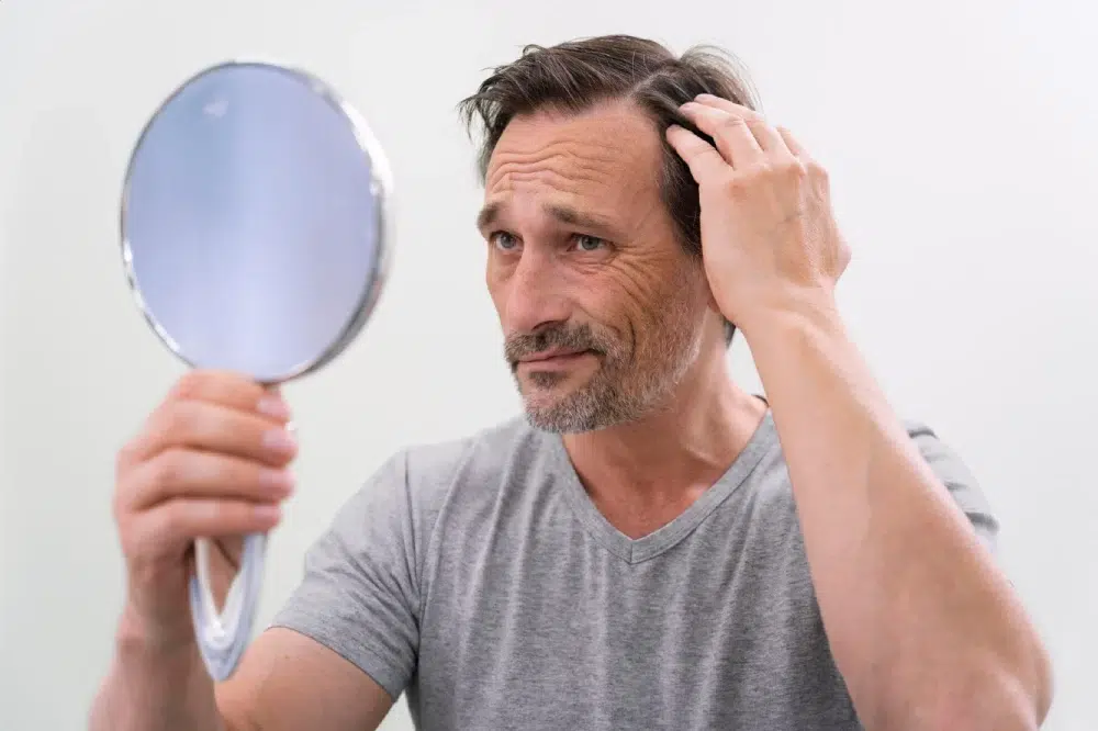 An EsteQuality hair restoration specialist examining and marking the receding hairline of a male patient during a consultation for Norwood 3 hair loss.