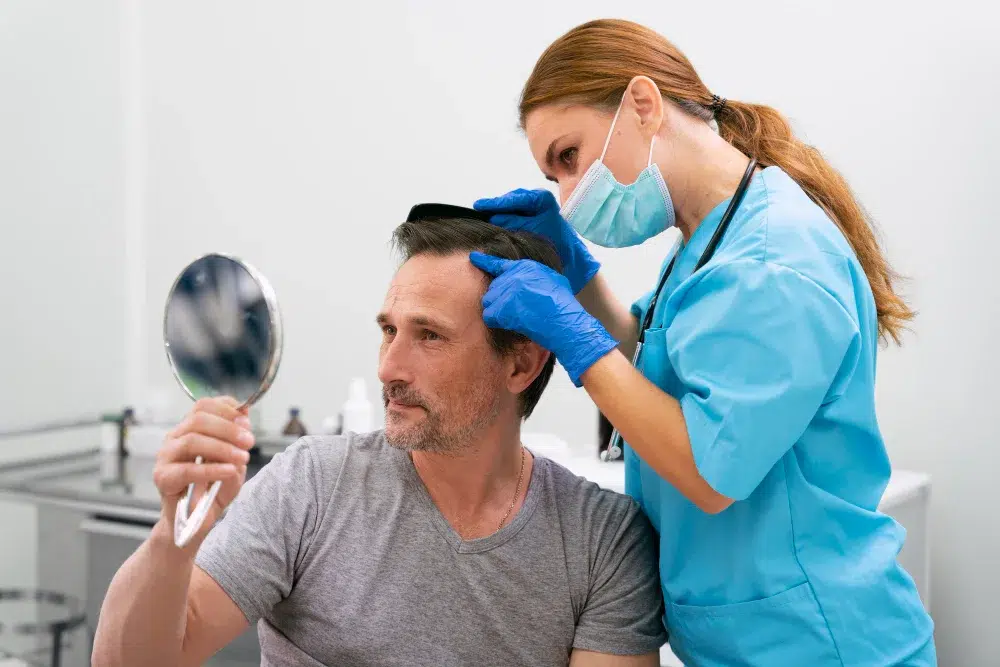 Hair transplant healing takes 7–10 days on the scalp, with shedding at weeks 2–4 and full results at 9–12 months. See the full recovery timeline.