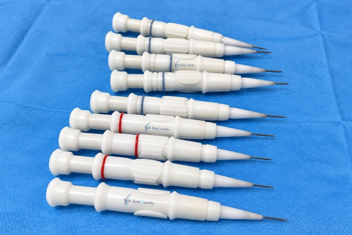 Set of DHI implanter pens on a sterile blue drape